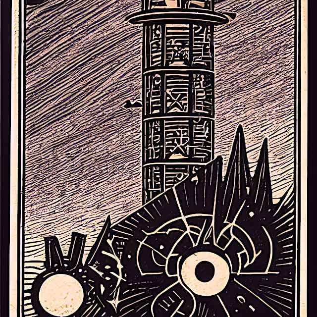 inflection point, etched black brass, the tower, rider-waite tarot